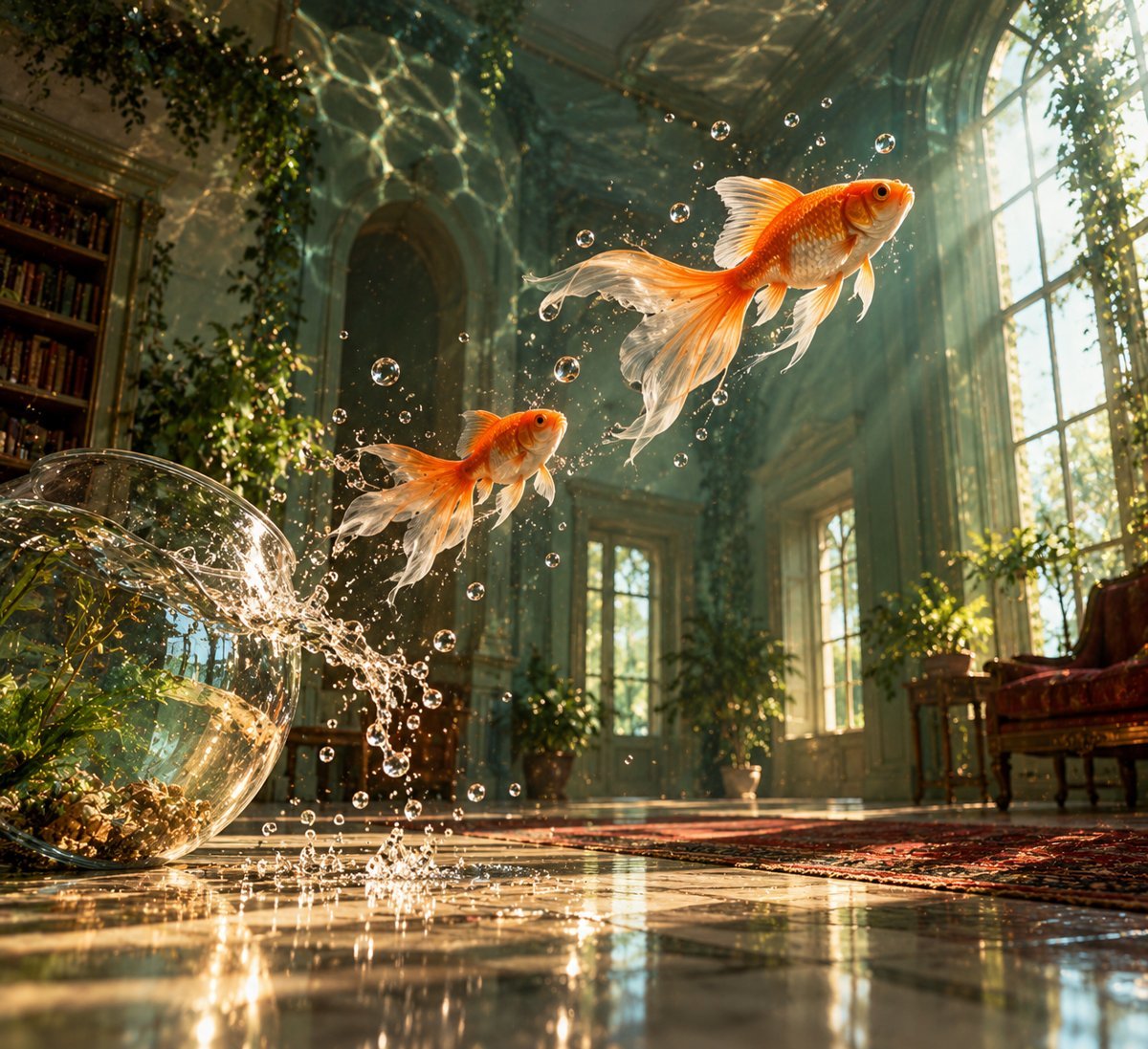 Two goldfish swimming out of their bowl into a sunlit room