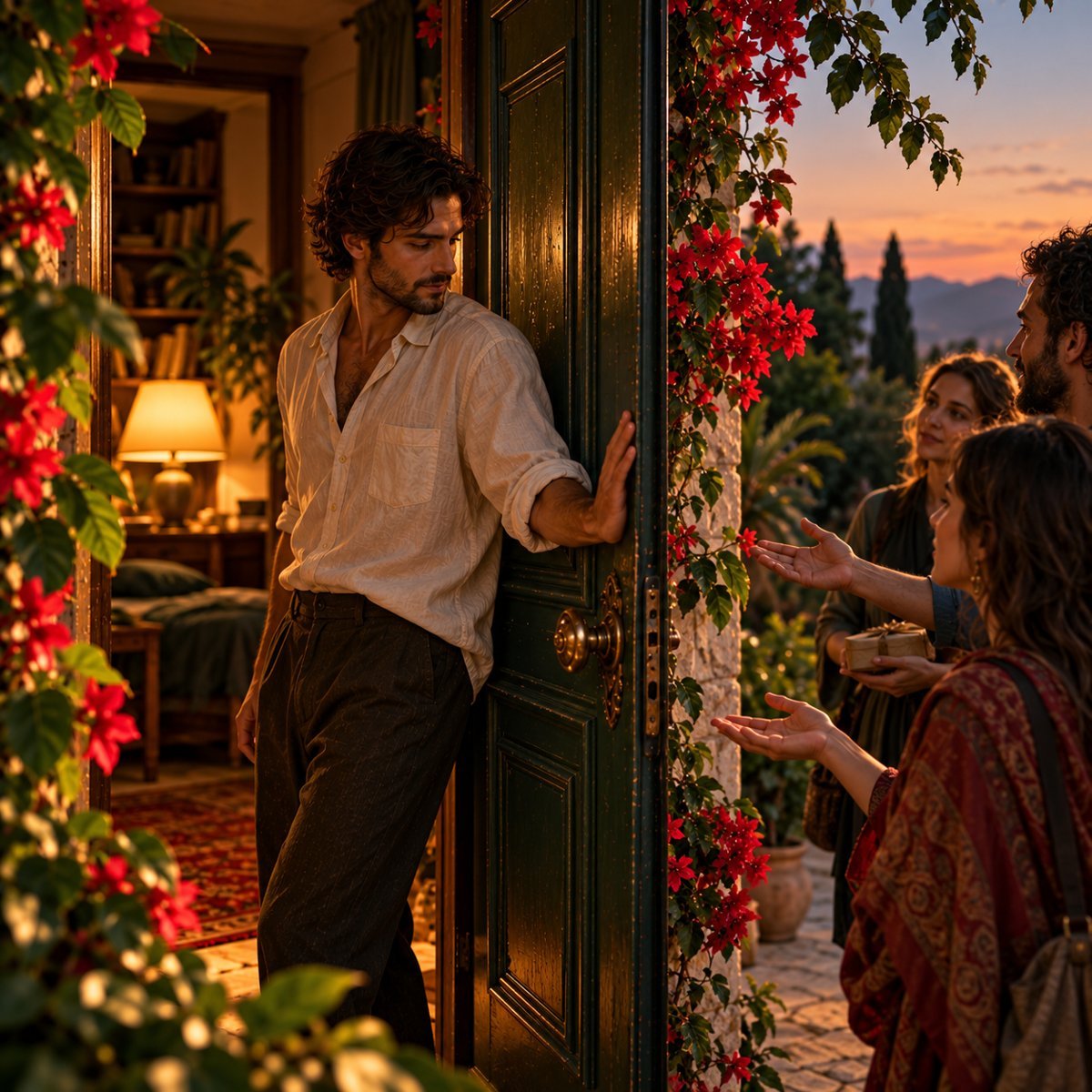 A man calmly closing his door on people holding out their hands, his own room lit by a warm lamp behind him