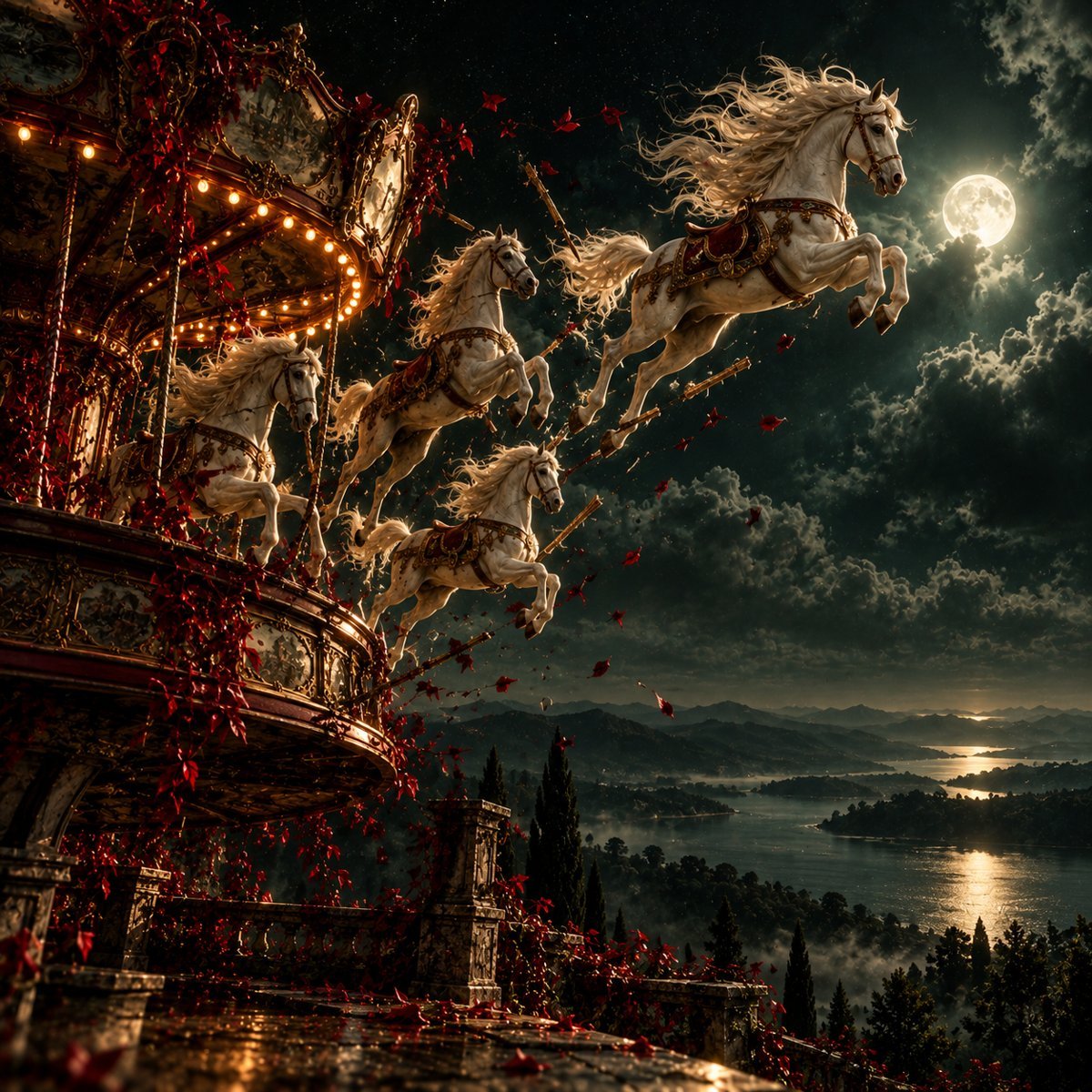 White horses leaping off a carousel into the night