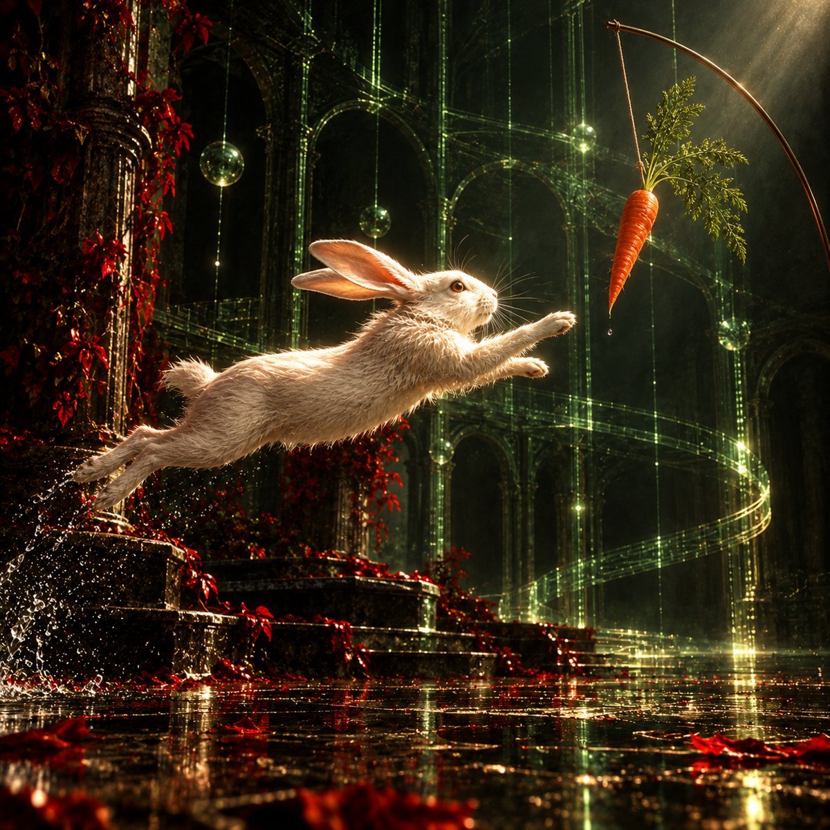 A white rabbit leaping toward a carrot that hangs just out of reach
