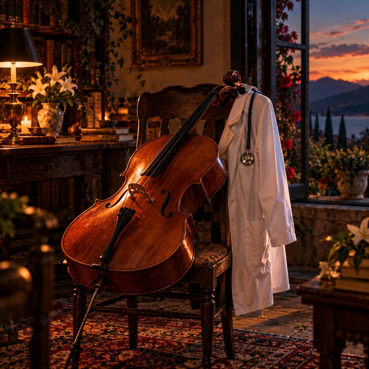 A cello resting on a chair beside a doctor's white coat with a stethoscope
