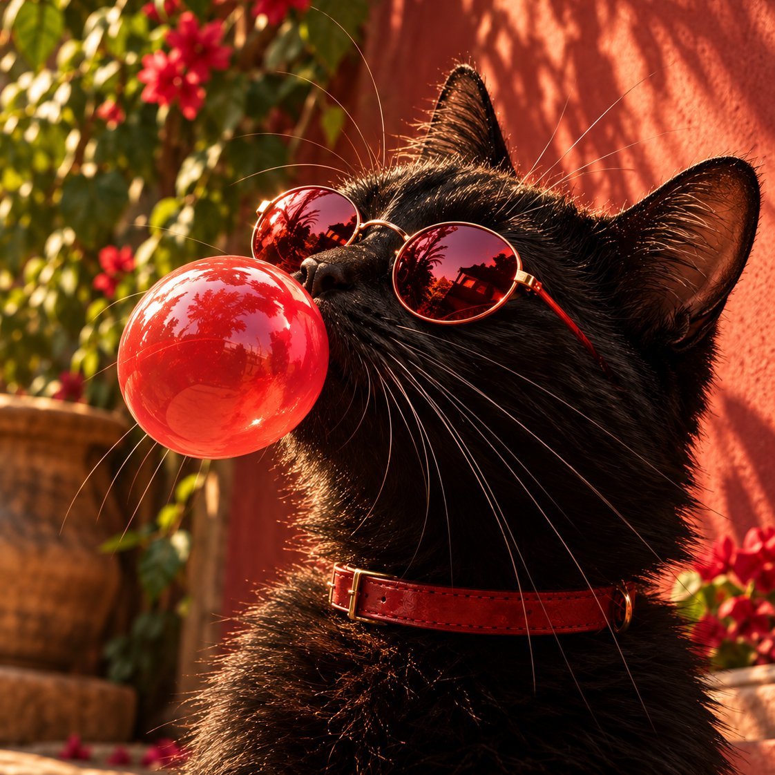 A black cat in round red sunglasses blowing a red bubble