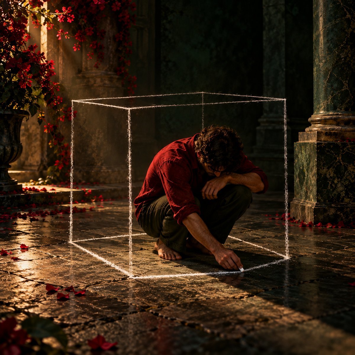 A man crouching inside a box he is drawing around himself in chalk