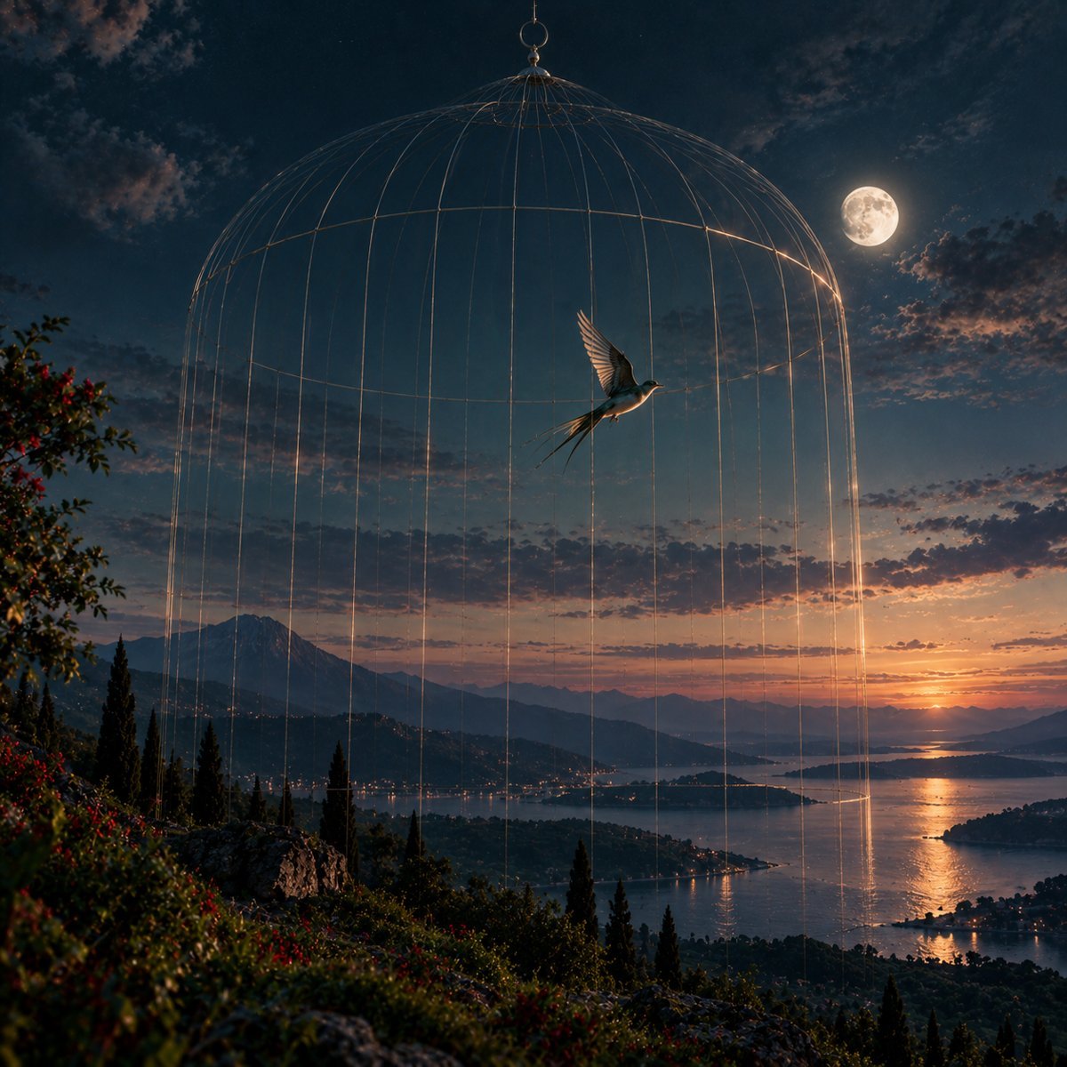 A single bird flying inside an enormous, almost invisible cage above the sea at dusk