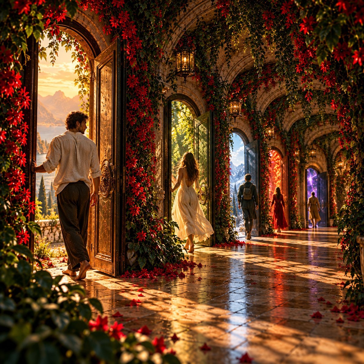 A corridor of many doors; different people walk through them, each into their own world