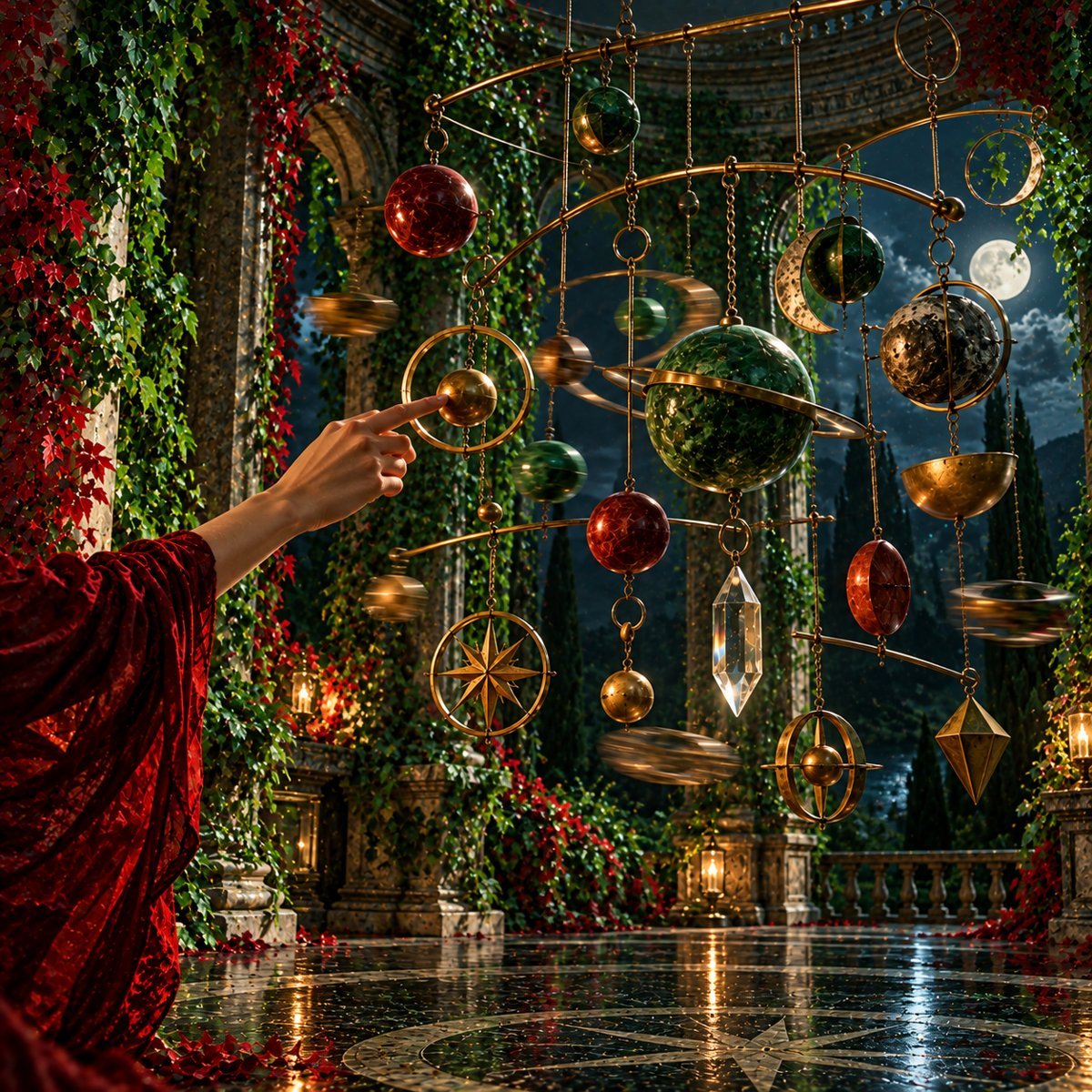 A hand touches one sphere of a large hanging mobile, and all the other parts begin to sway