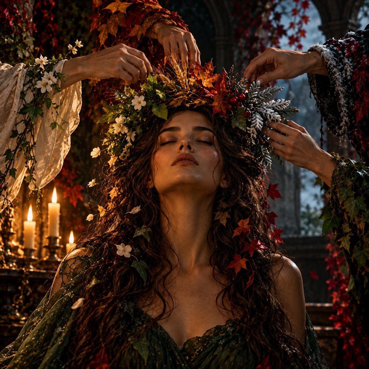 Four hands, each dressed as a different season, place a crown of flowers, leaves and frost on a woman's head