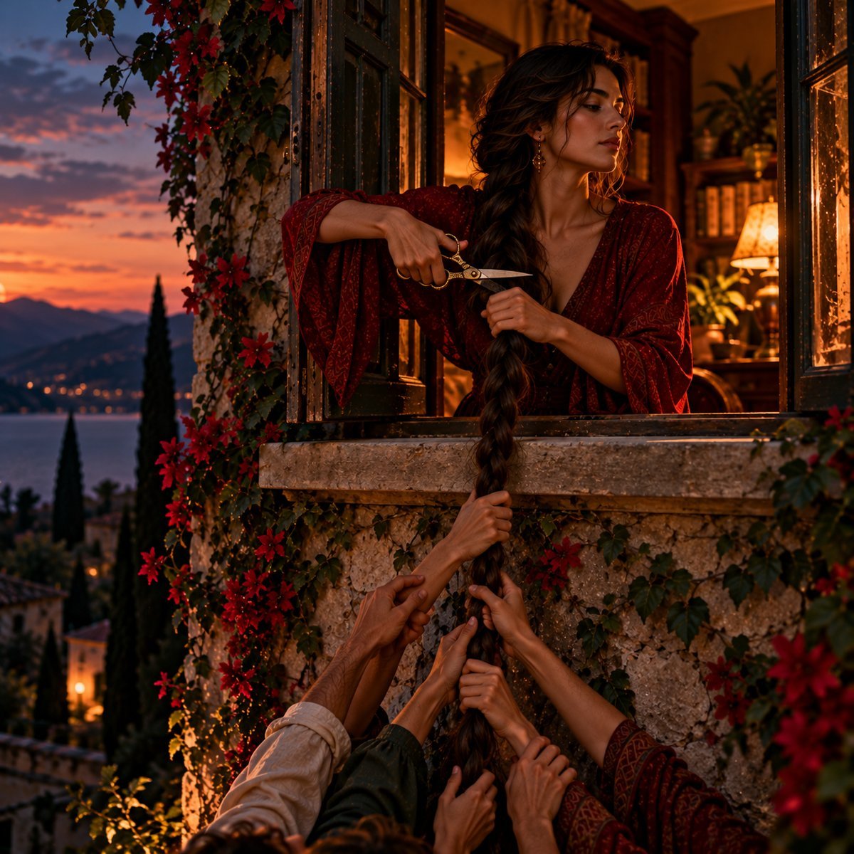 A woman at a window cutting her braid while hands below hold on to it