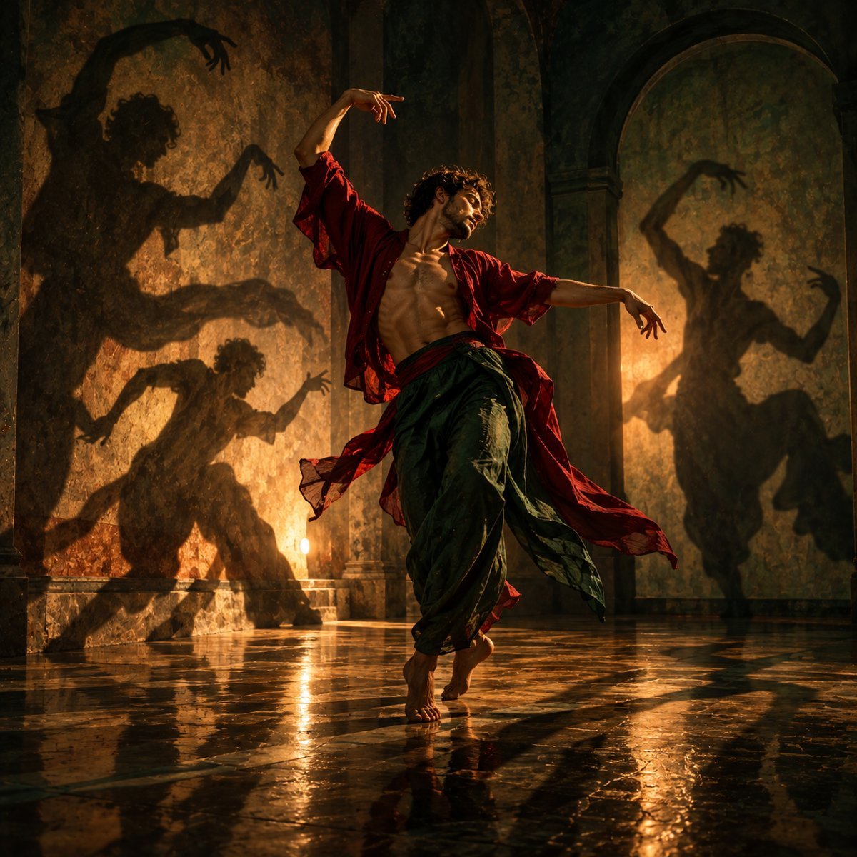 A man dancing freely while his own shadows on the walls dance with him