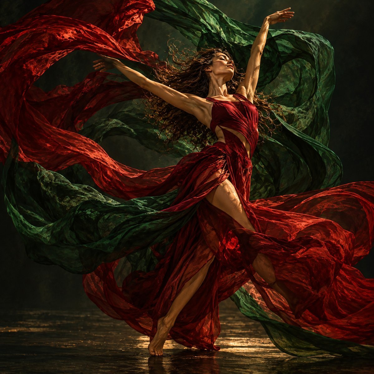 A dancer in green and red with arms raised, mid-movement