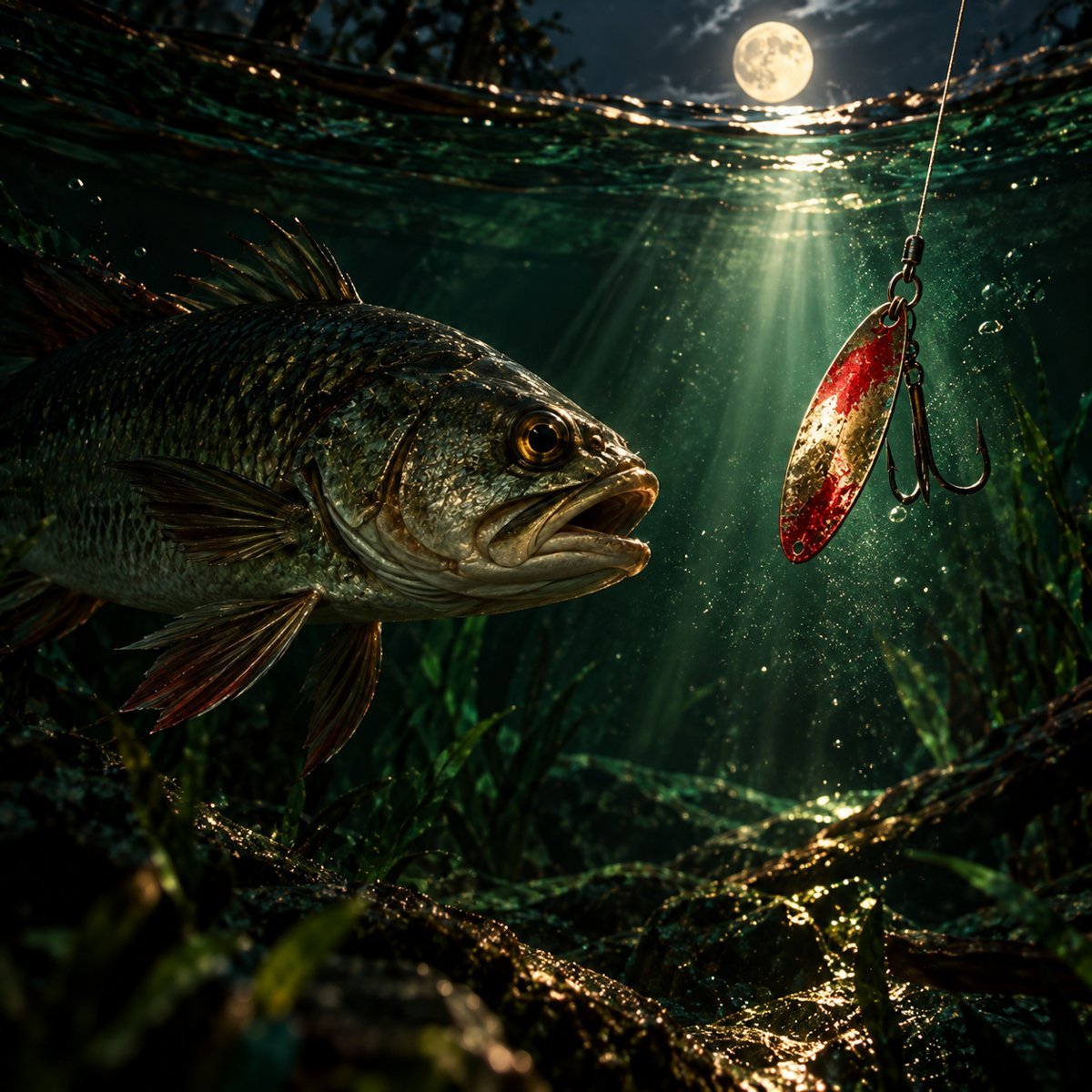 A fish in dark moonlit water about to bite a glittering lure with a hook hidden behind it