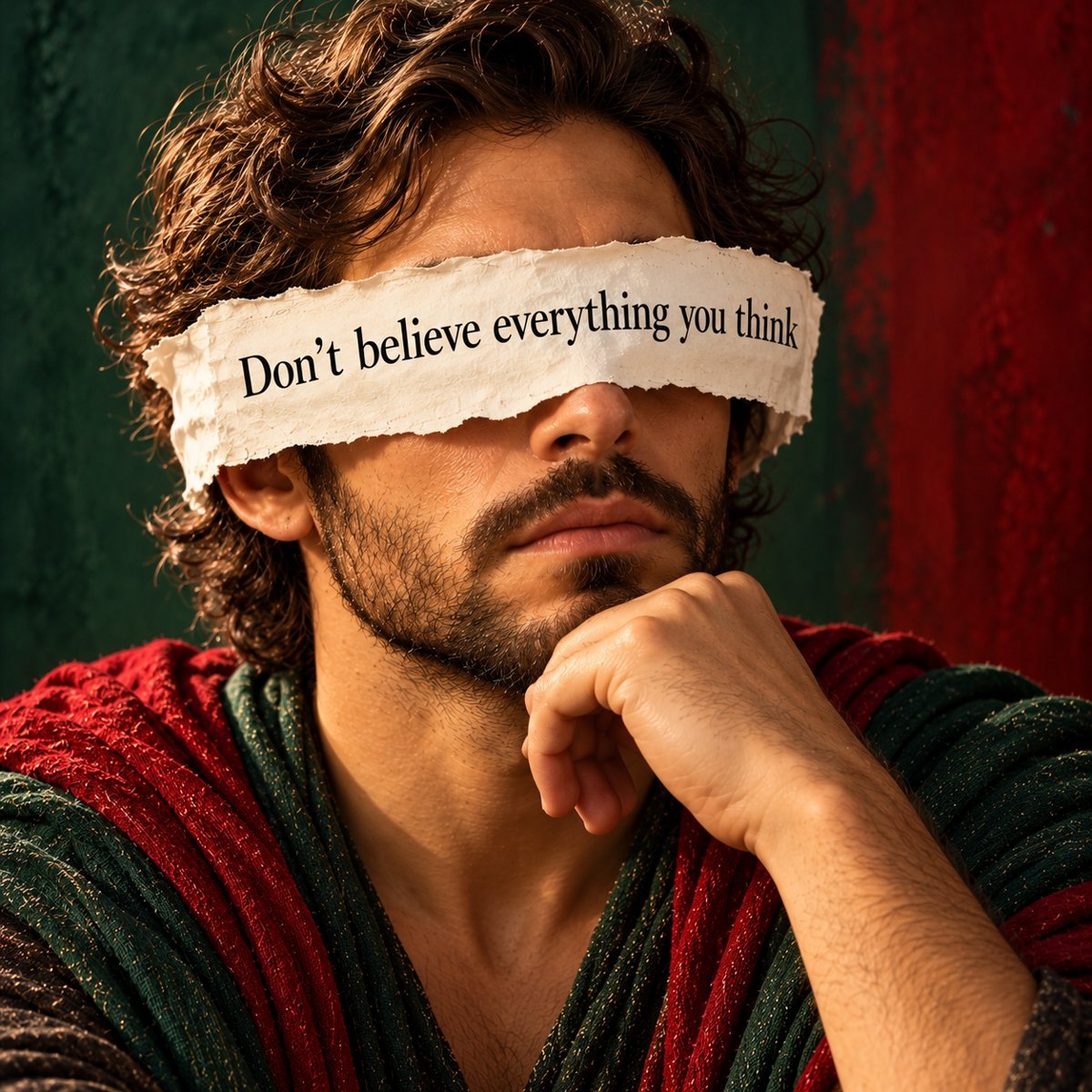A man with a torn strip of paper over his eyes reading: Don't believe everything you think