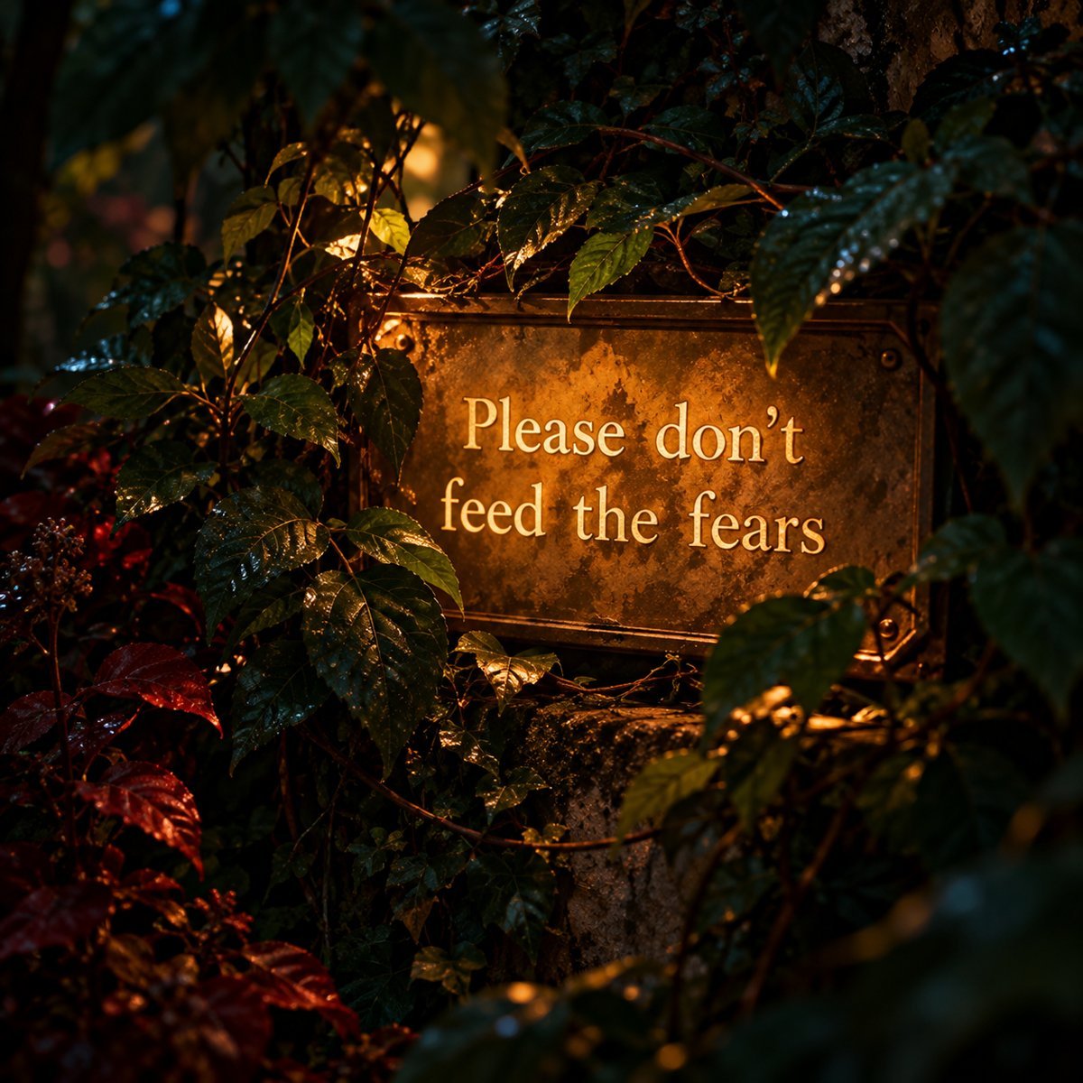 A glowing sign among night leaves that reads Please don't feed the fears
