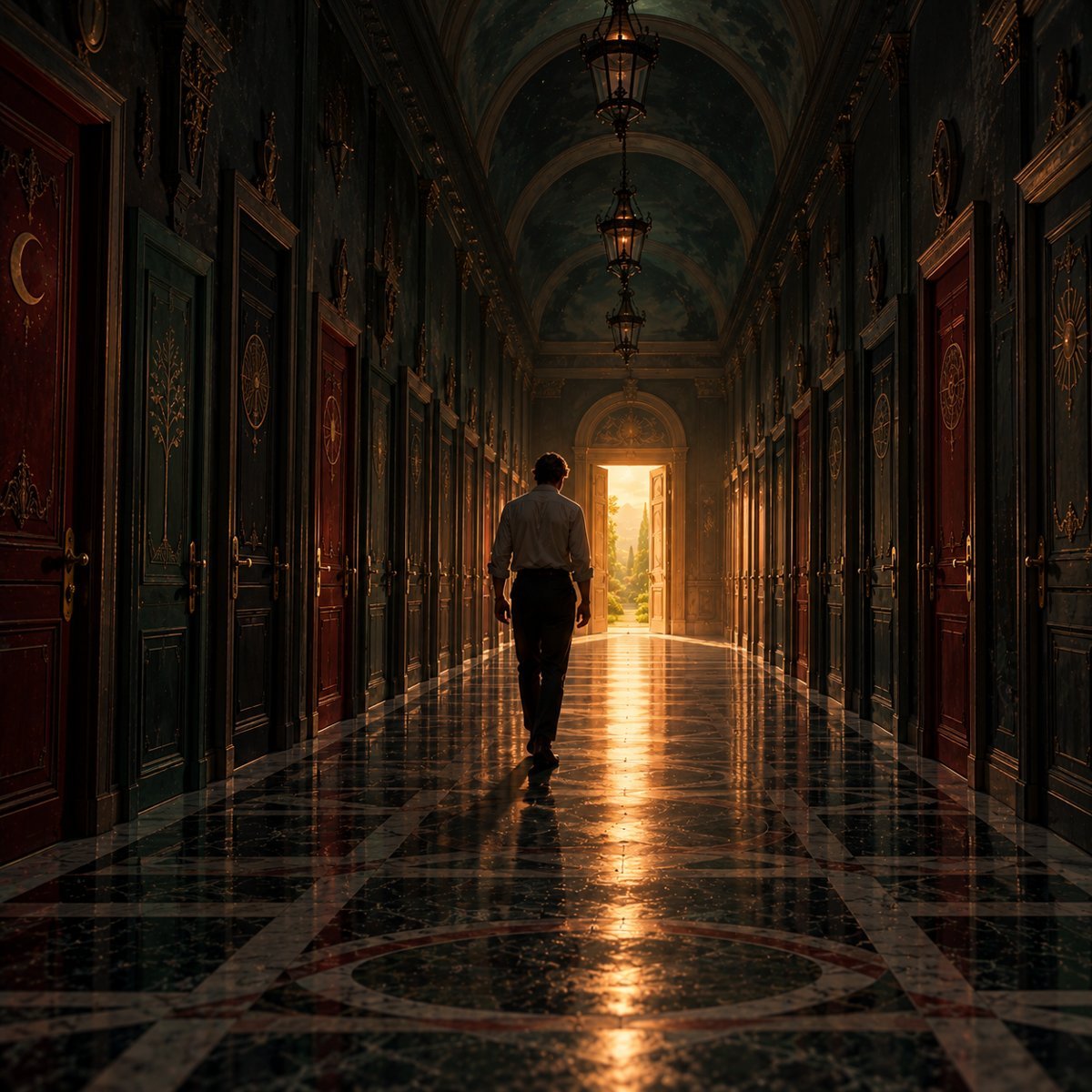 A man walking down a corridor of many dark doors toward the only one that is lit