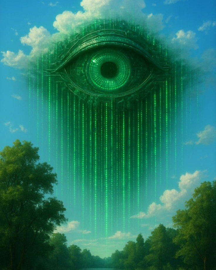 A green eye in the sky with code falling like rain over a forest river