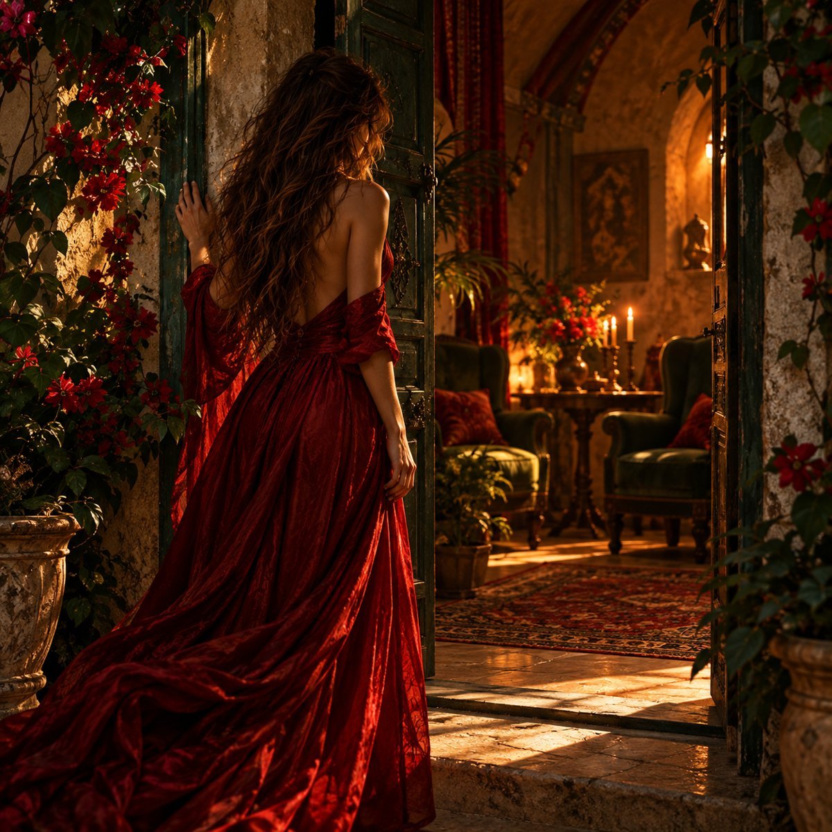 A woman in a deep red dress at the threshold of a warmly lit room, deciding whether to step in