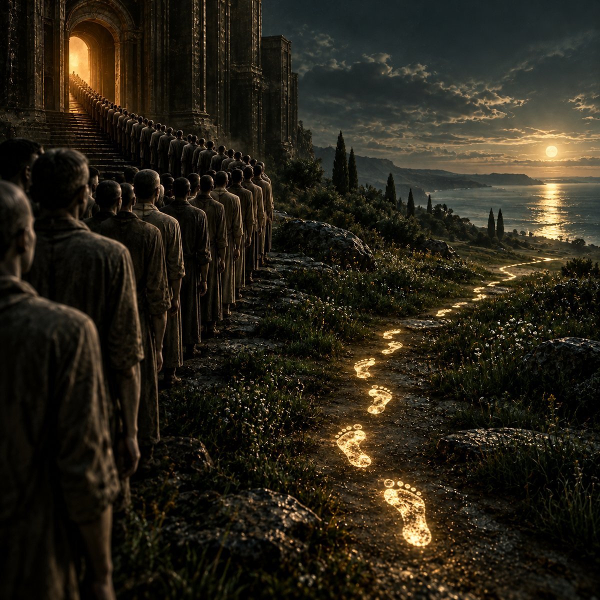 Glowing footprints leading away from a long grey queue toward the sea under the moon