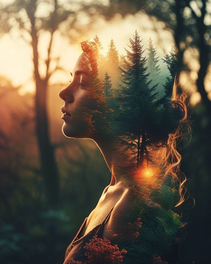 A woman in profile with a forest growing inside her silhouette