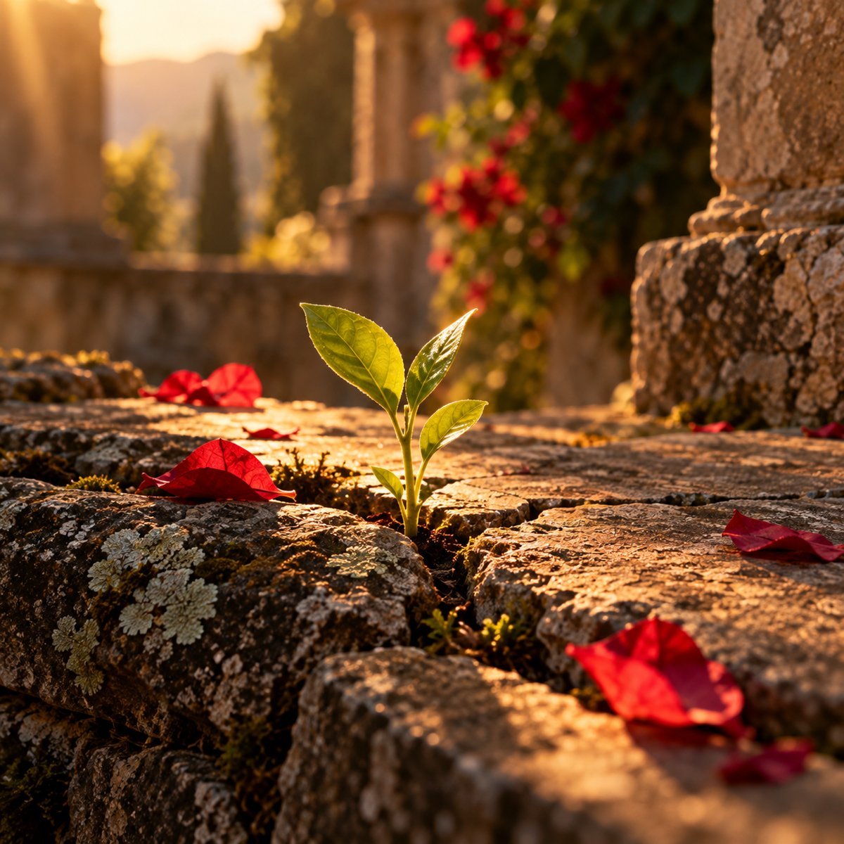 A small green sprout pushing up through a crack in old stone, lit by the sun