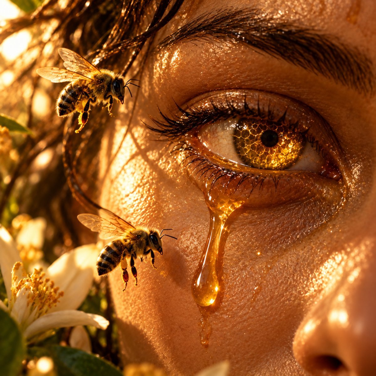 An eye with a honeycomb iris shedding a tear of honey, bees beside it