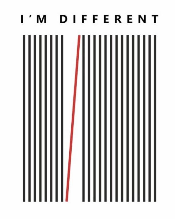 A row of black lines with one red line set at an angle, under the words I am different