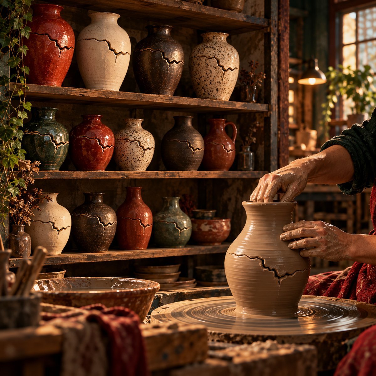 A potter's shelves of vessels from different clays, each with the same crack; the new one on the wheel is cracking too