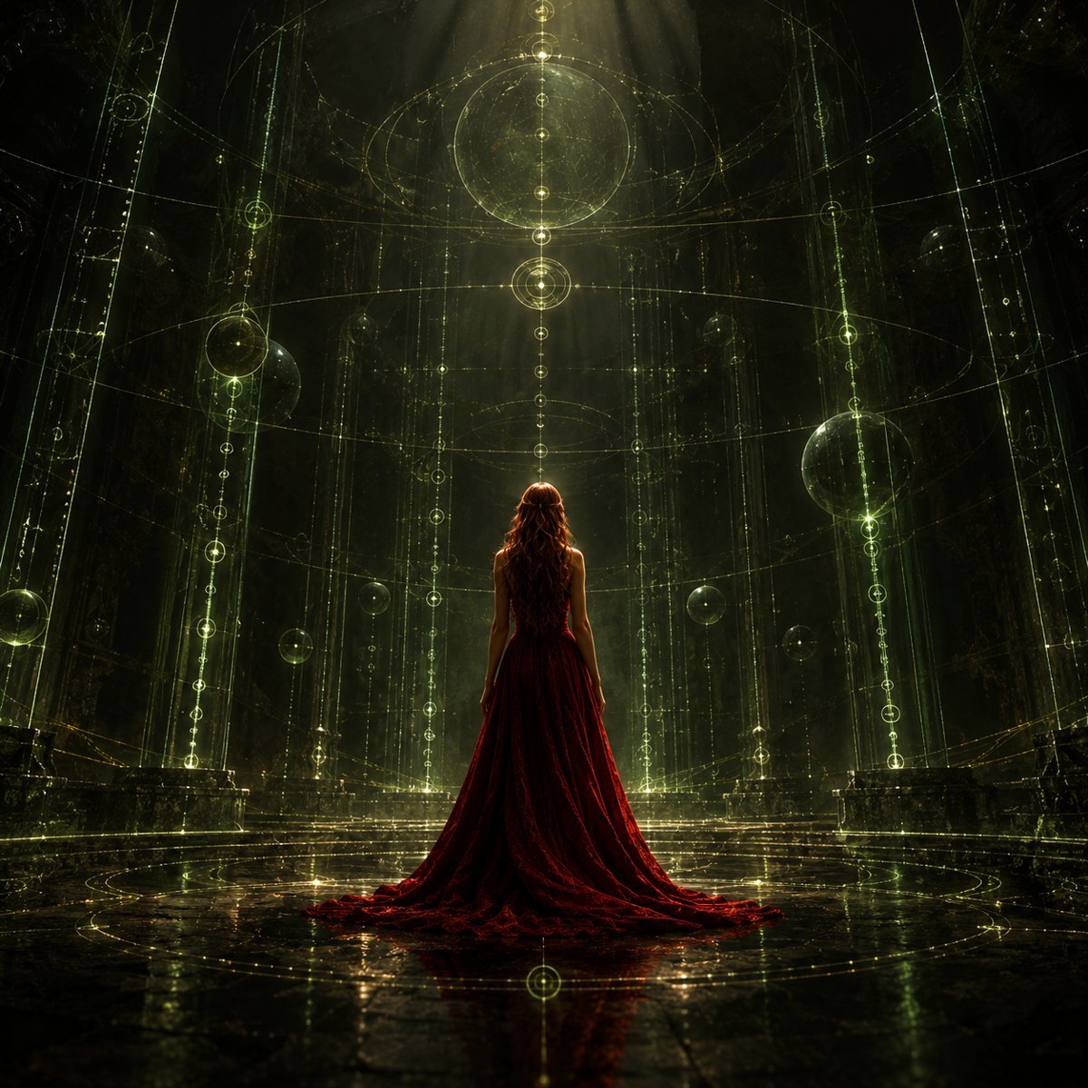 A woman in a deep red dress standing in a vast circular hall of faint glowing green lines
