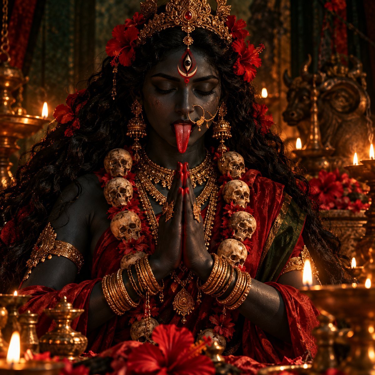 Kali with closed eyes and outstretched tongue, hands joined in prayer