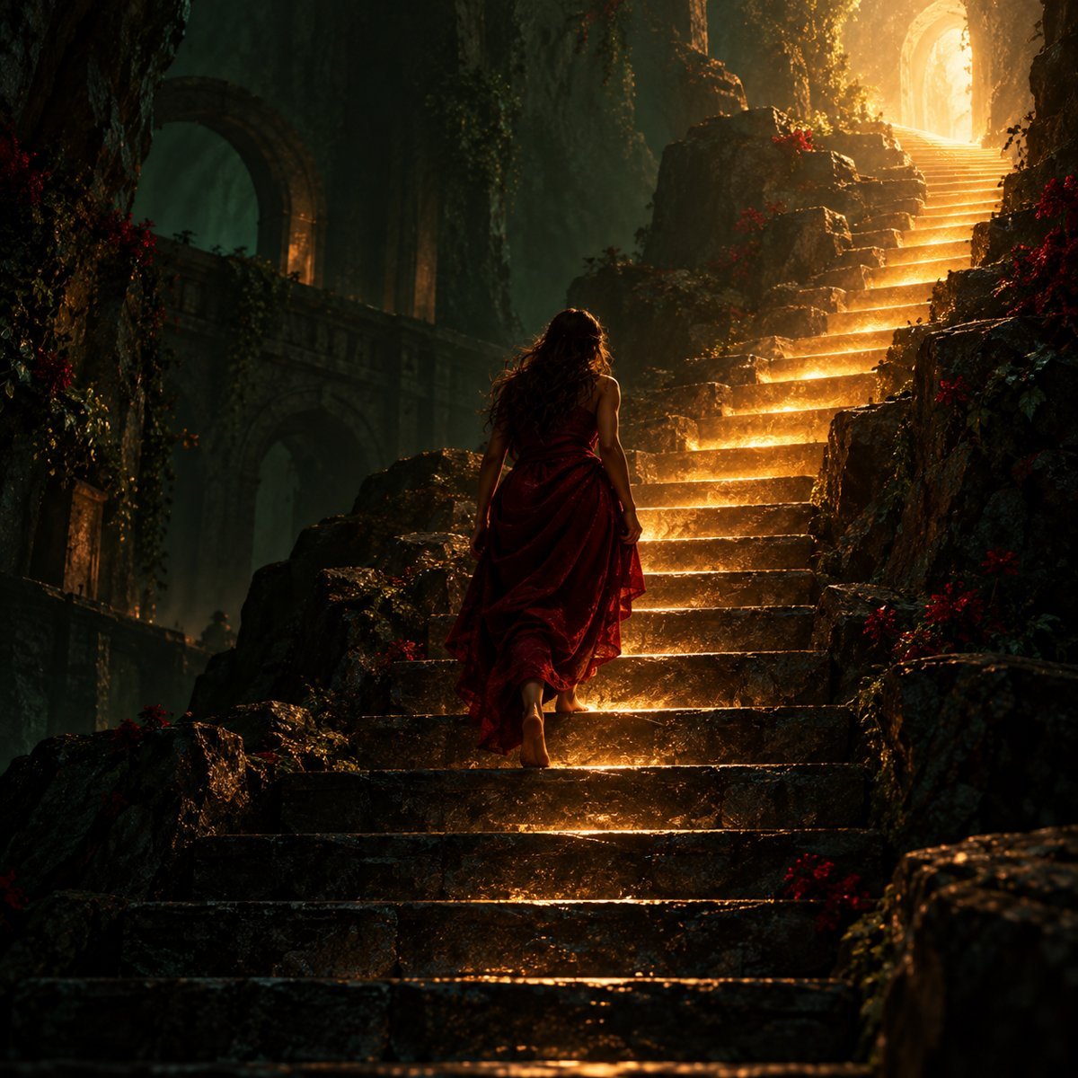 A woman in a red dress climbing a stone staircase where every step glows a little brighter