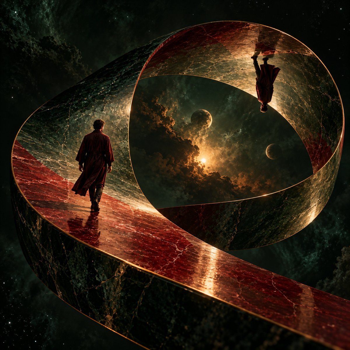 A man walking a looped ribbon and meeting himself upside down on the other side