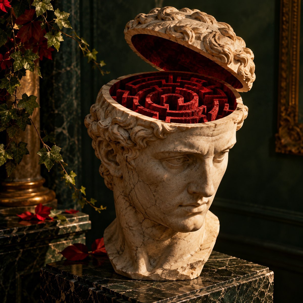 A classical stone head opened to reveal a red maze inside