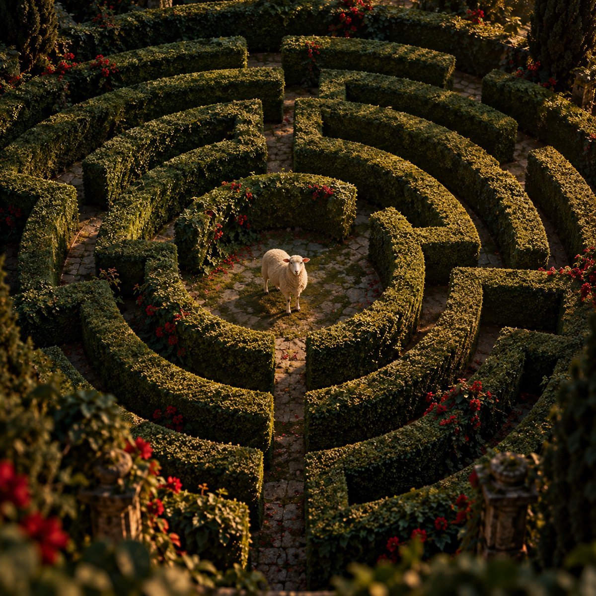A white sheep standing alone in the centre of a green hedge maze