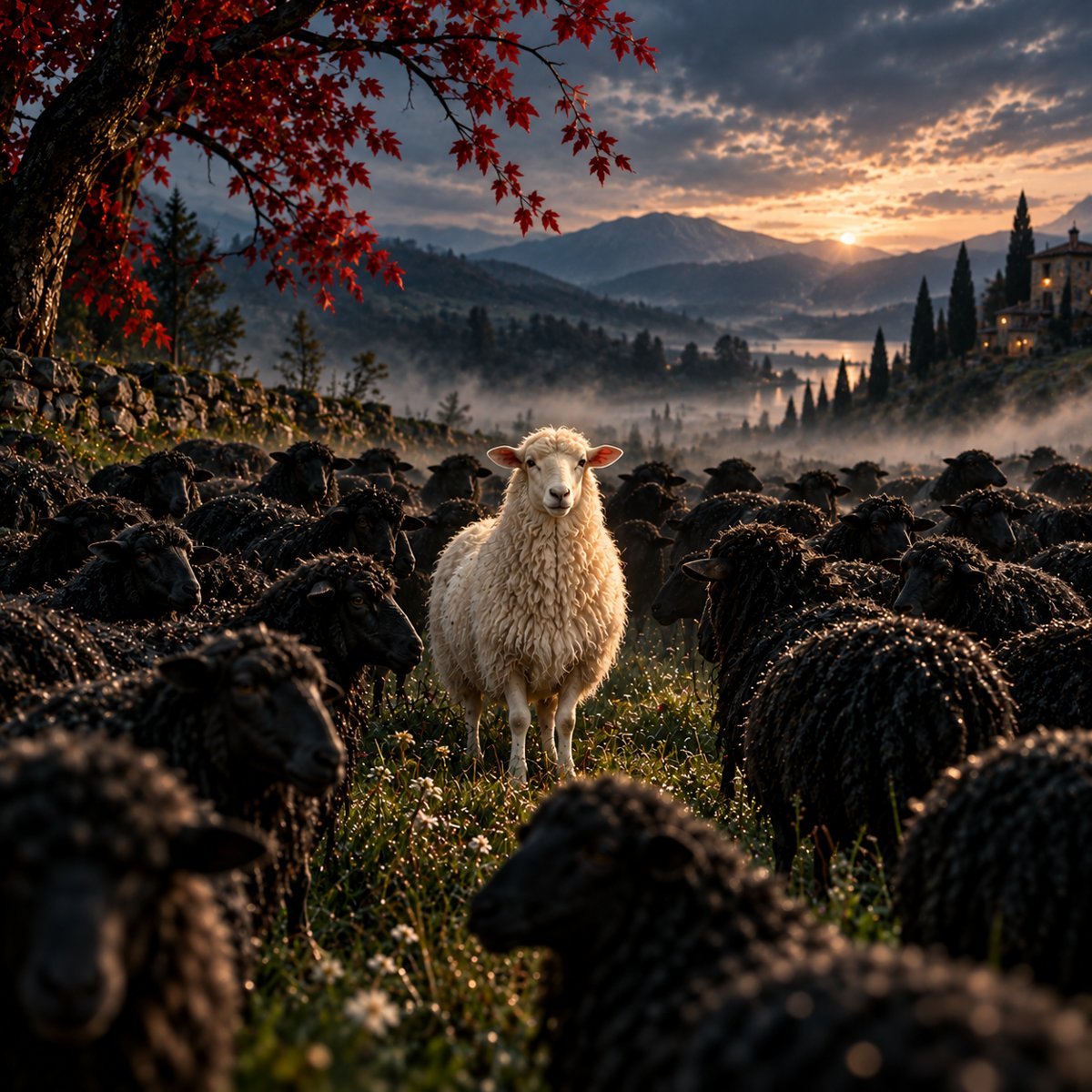 A white sheep standing calmly among a flock of black sheep, looking straight at the viewer