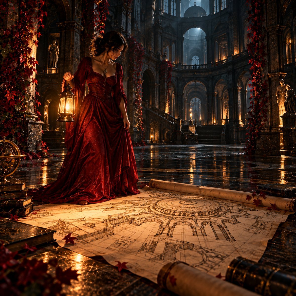 A woman in a deep red dress with a lantern finds on the floor the blueprint of the very hall she stands in