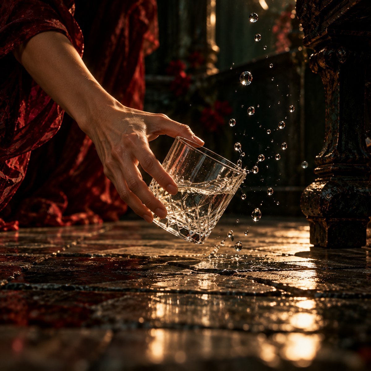 A hand catching a falling glass a moment before it hits the stone floor