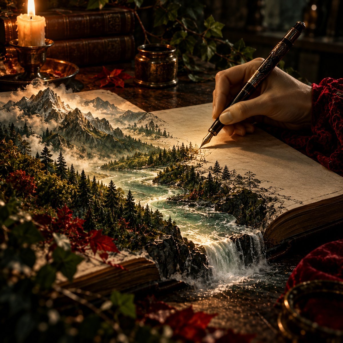 A pen writing a forest and a river into being
