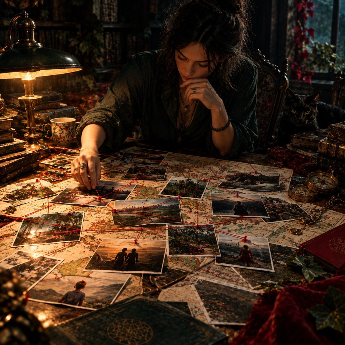 A woman at a table covered with maps and photographs, connecting them with red thread