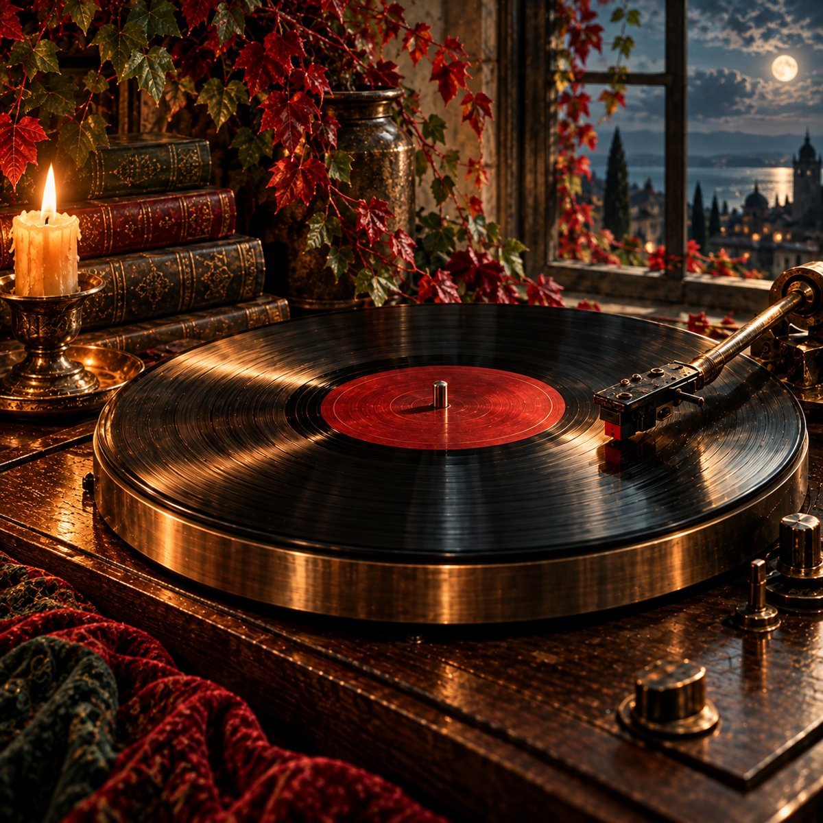 A record playing on a turntable