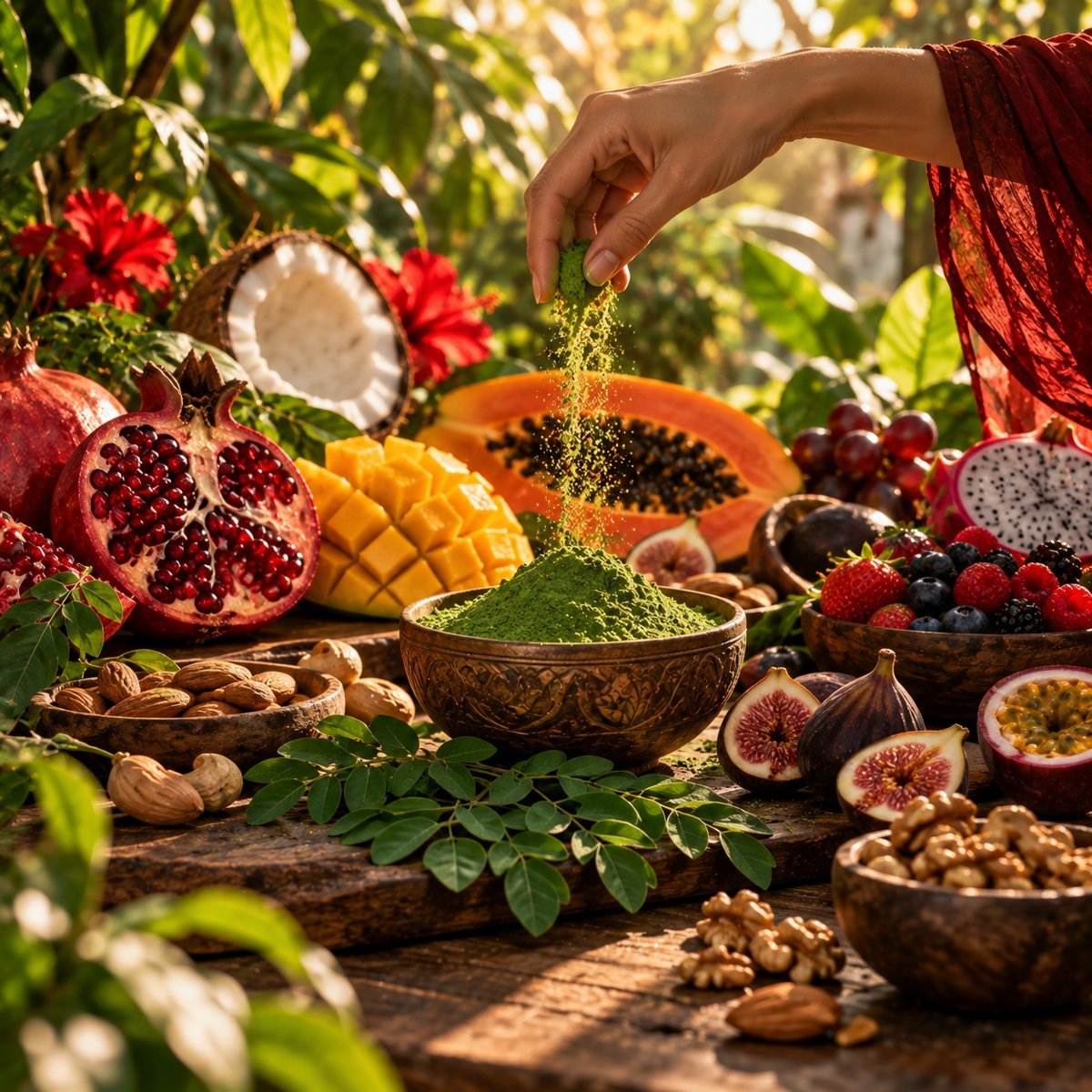 A hand sprinkling moringa powder over a table full of fruits, nuts and fresh leaves