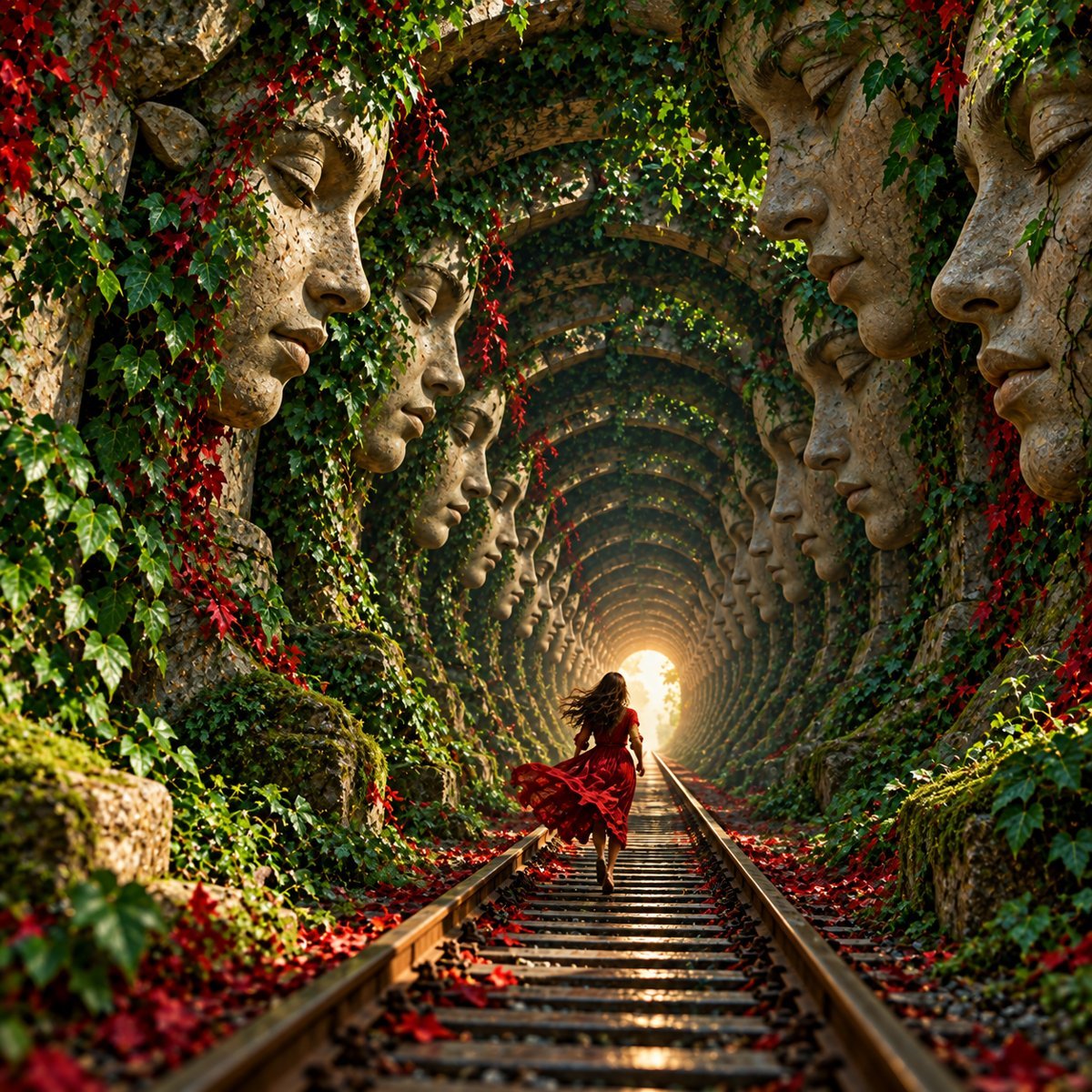 A woman in a red dress running along rails through a tunnel of the same stone face repeated again and again