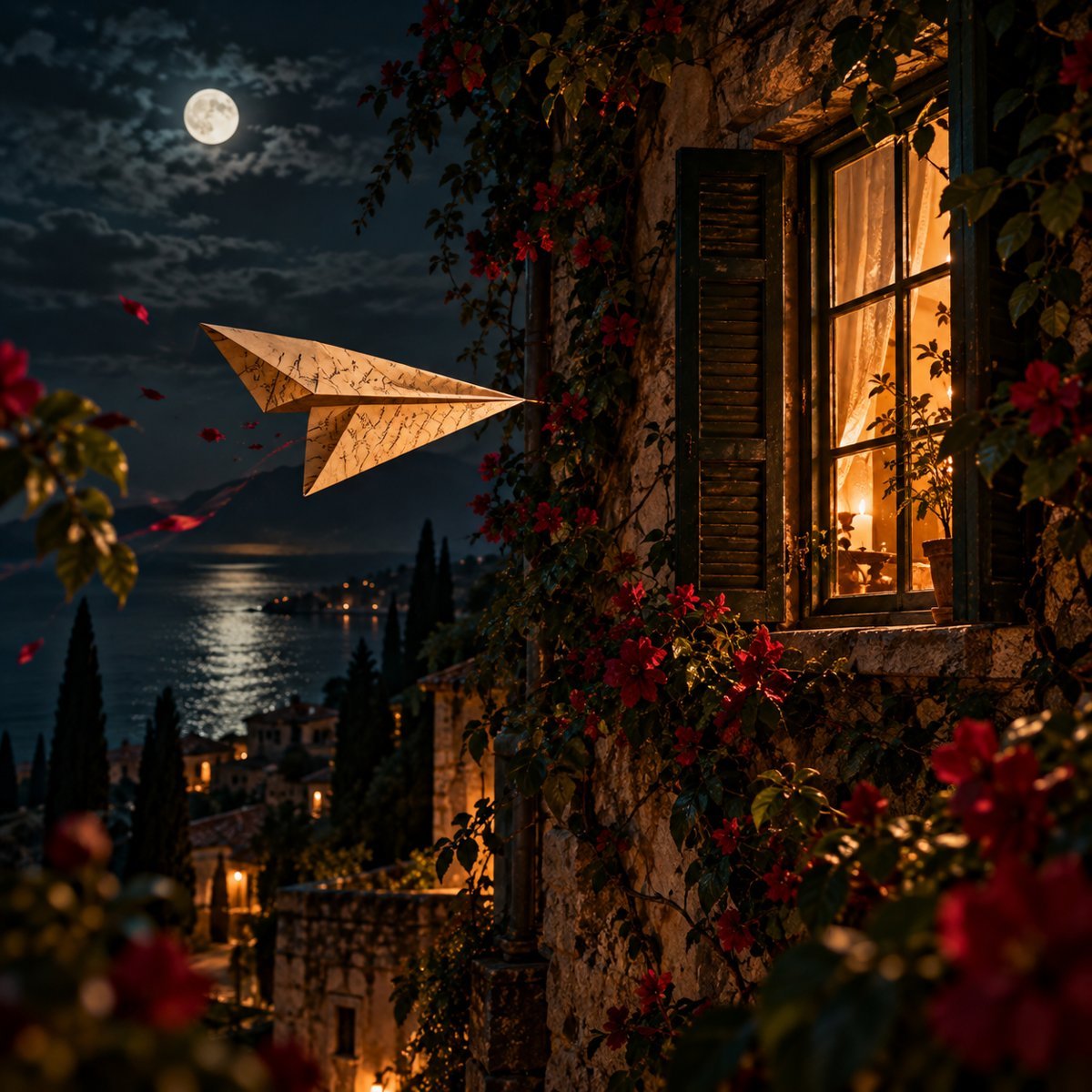 A paper airplane folded from a letter flying at night toward a lit window