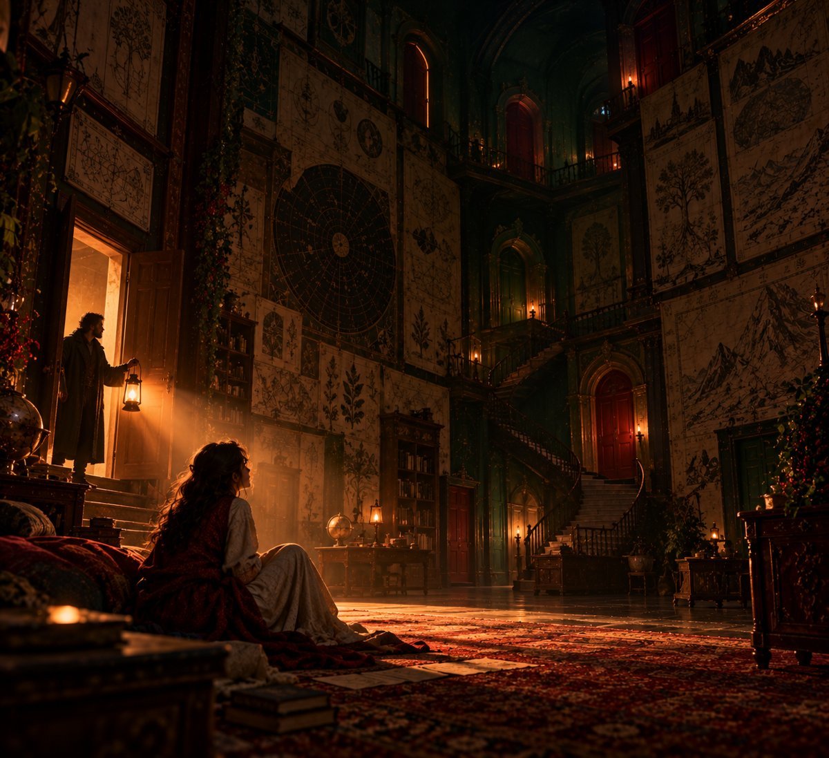 A man with a lantern steps into a dark room, and its light reveals to the woman sitting there how vast it really is
