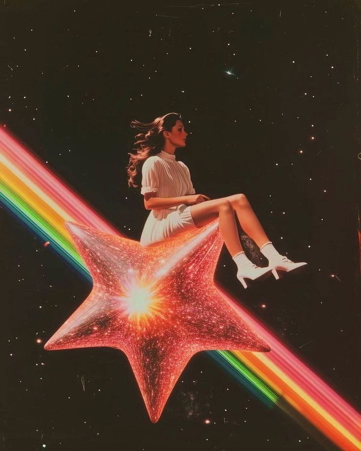 A woman sitting on a glowing star in space, a rainbow beam behind her