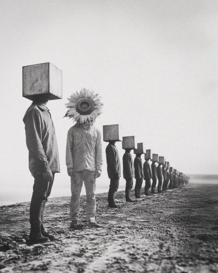 A line of people with concrete blocks for heads, one with a sunflower instead