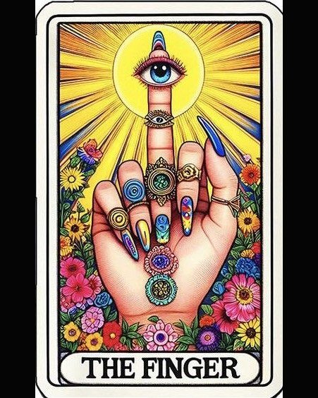 A tarot-style card called The Finger, with an eye on a raised middle finger