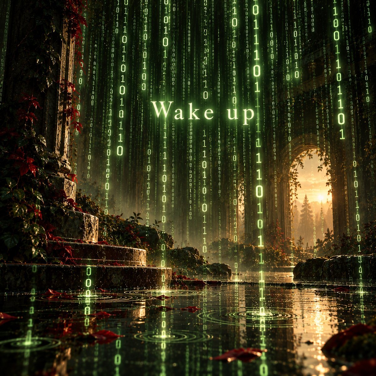 Glowing code falling like rain with the words Wake up