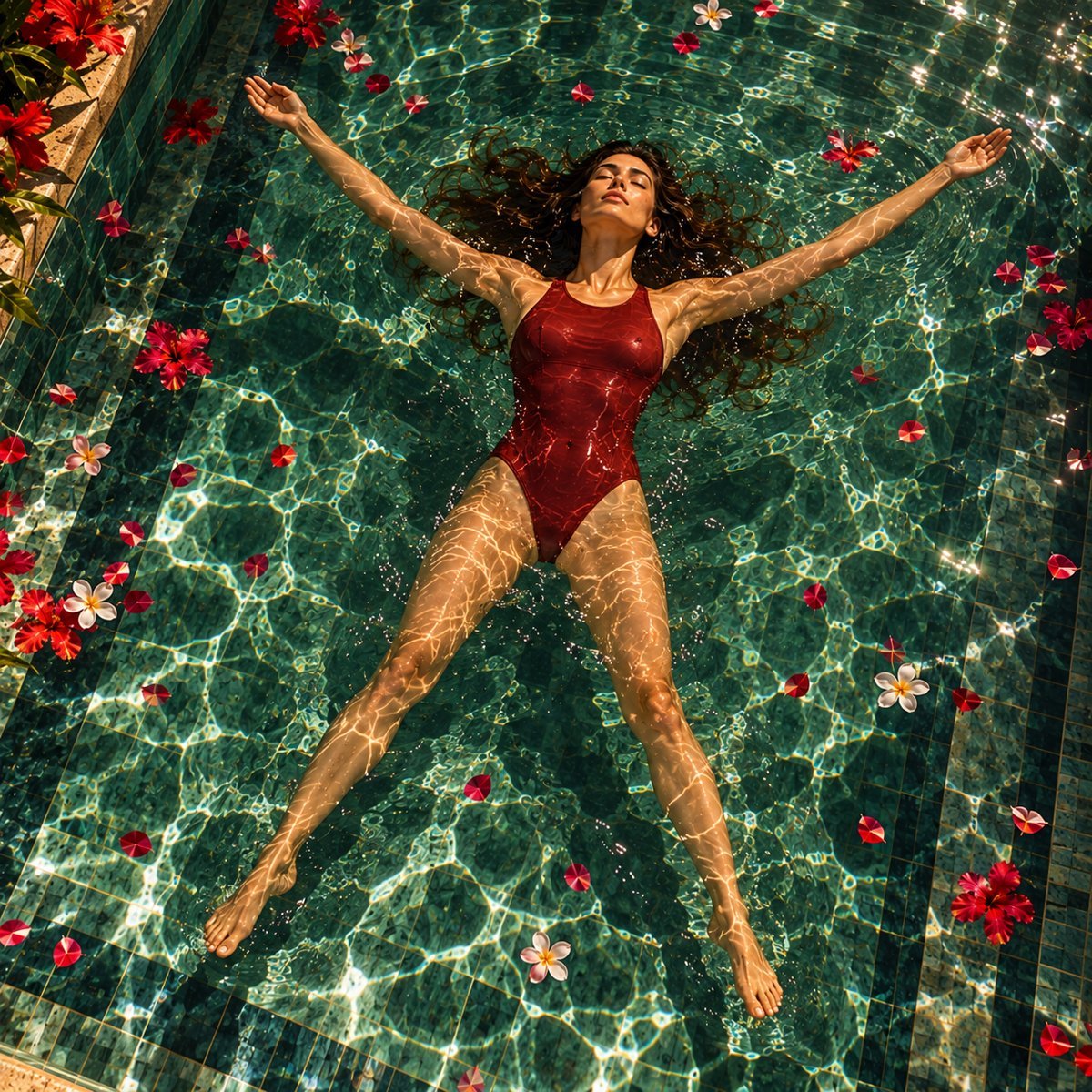 A woman in a red swimsuit floating on her back in a pool, arms and legs spread like a star