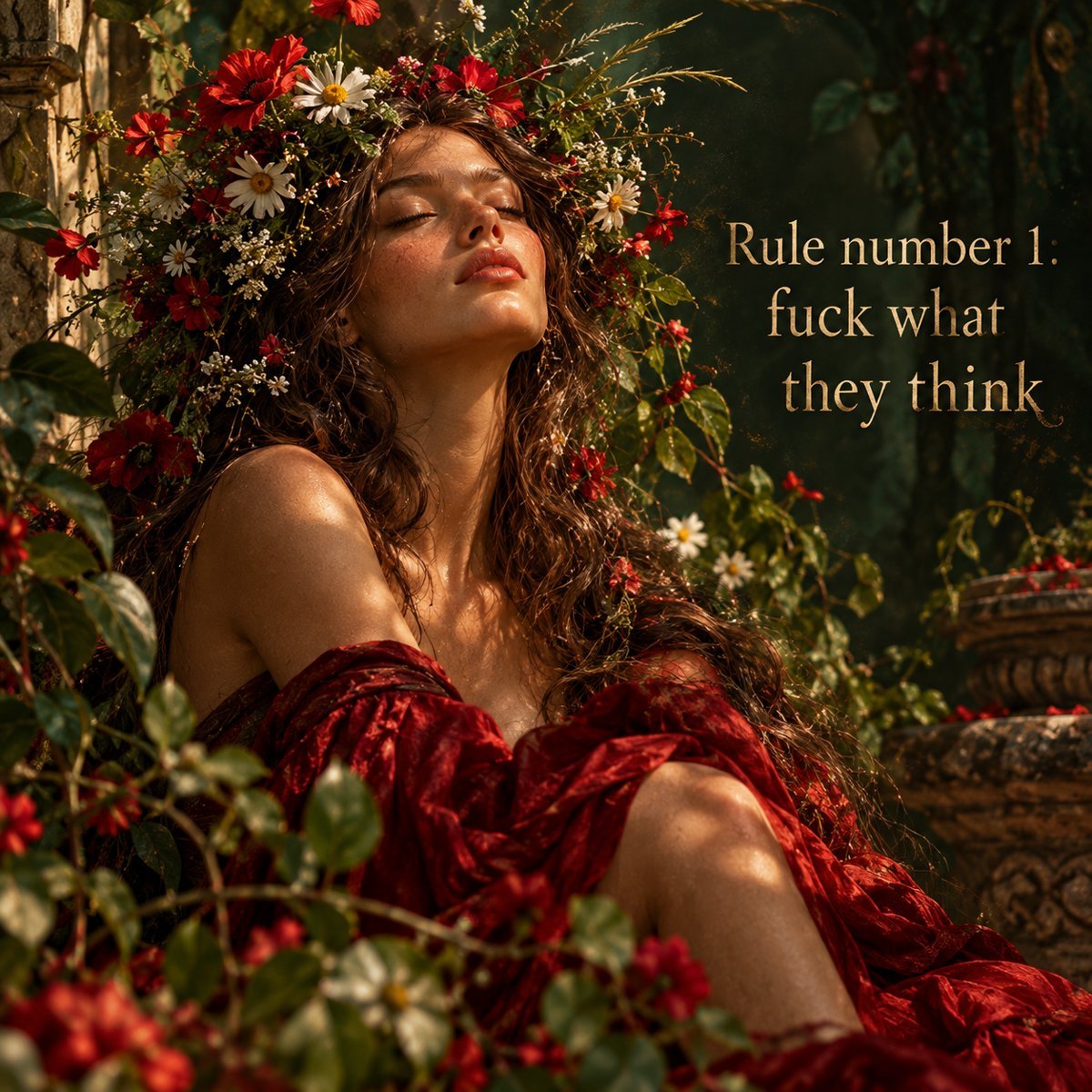 A woman with a crown of wild flowers, eyes closed, beside the words: Rule number 1: fuck what they think